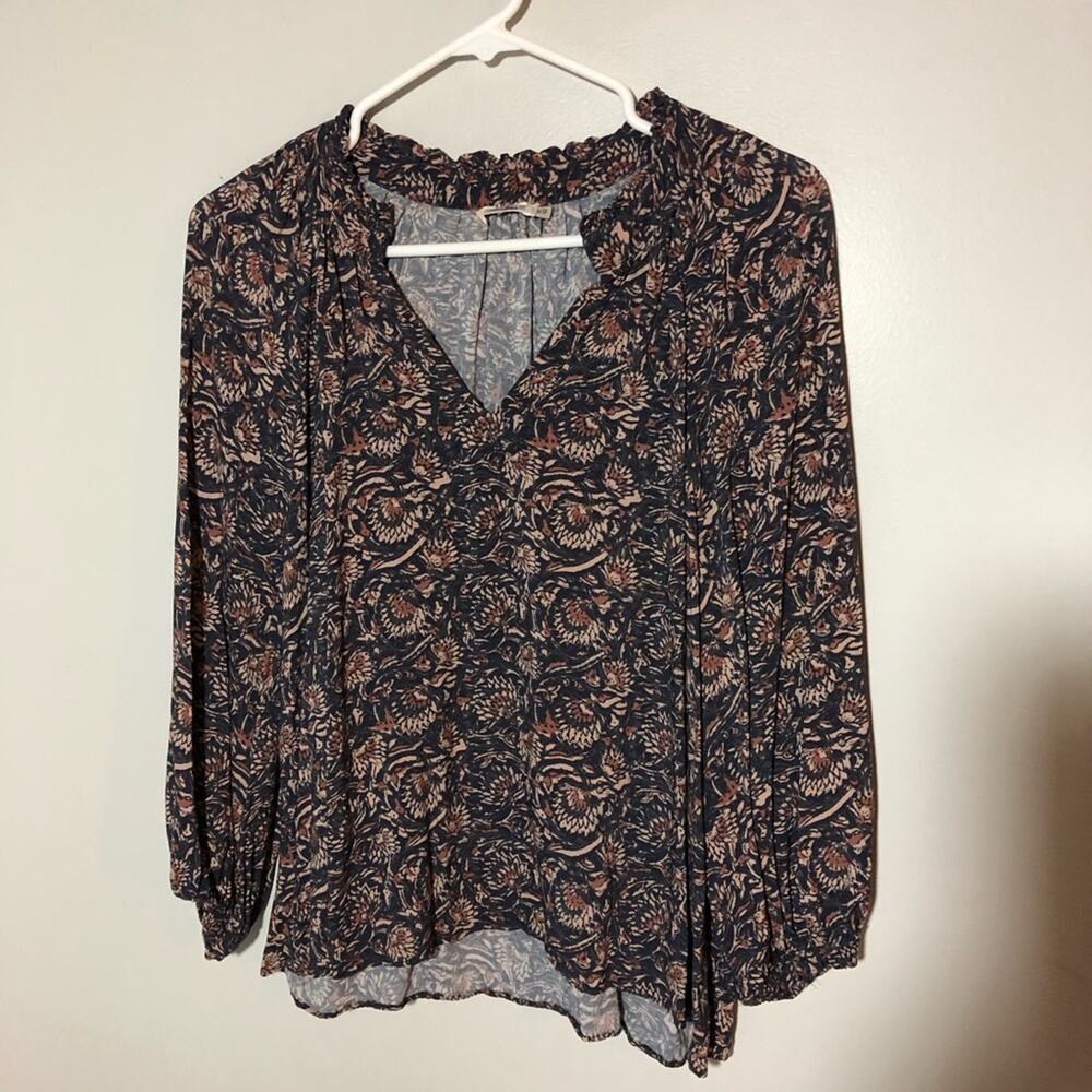 Faherty womens printed blouse top v neck puff sleeves Medium peasant bohemian